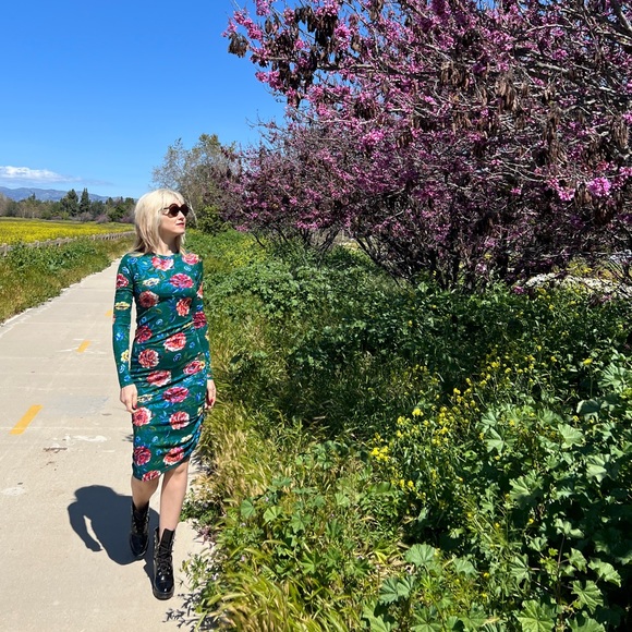 Zara Textured Green Floral Print Dress Gathered Side Size S Long Sleeve Bodycon - Picture 15 of 16